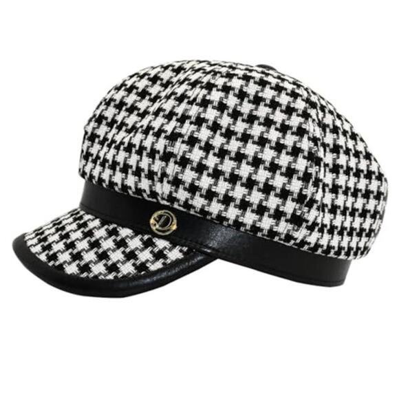 Black and White Houndstooth Baker Boy Hat Cap with Faux Leather Brim main image 5